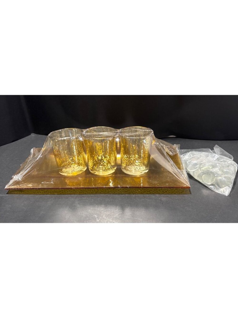 3 Piece Gold Color Glass Tealight Candle Holder Set On Rectangular Tray Stones